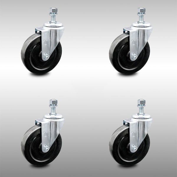 5 Inch SS Hard Rubber Wheel Swivel 10mm Threaded Stem Caster Set SCC